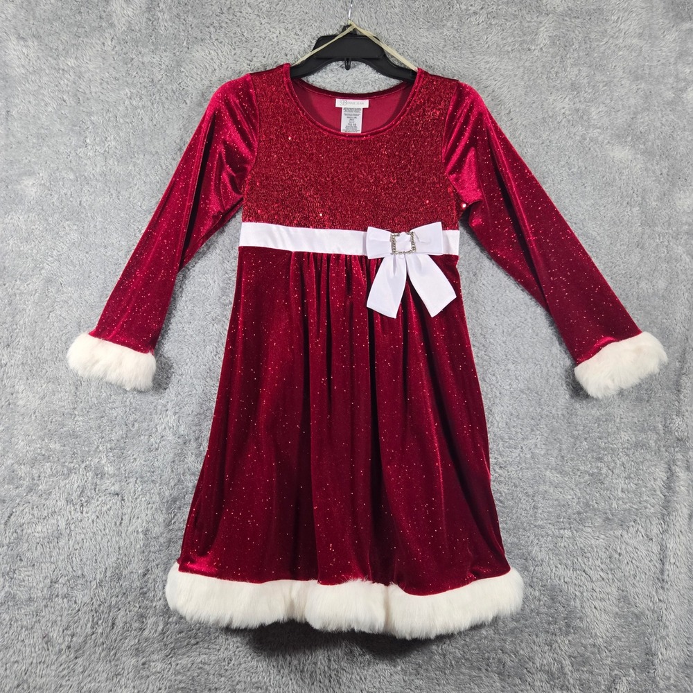 Bonnie Jean Red Velvet Sequin Faux Fur Trim Christmas Holiday Dress Girls 12 1/2